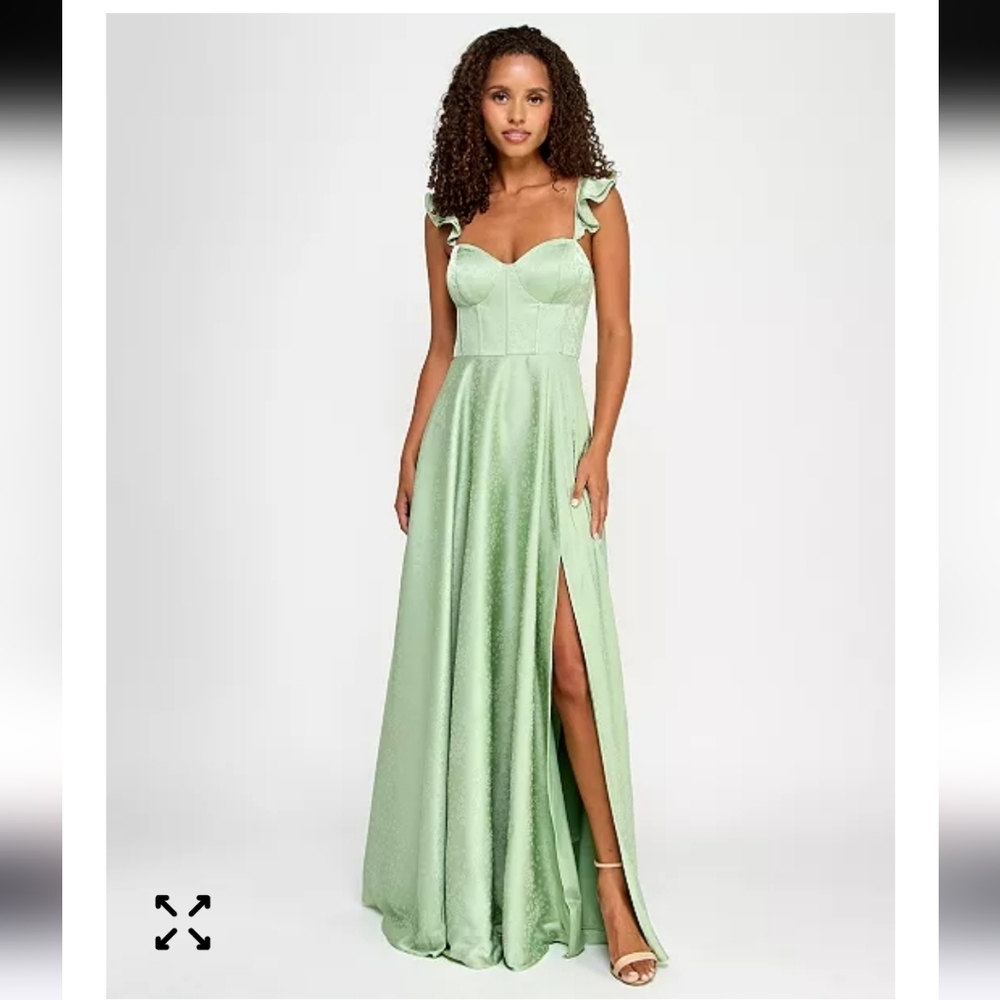 B Darlin Juniors' Satin Sweetheart Ruffle-Strap Gown Sz 9/10 Green Prom Party